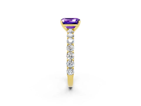 Yellow gold Emerald Cut Tanzanite Solitaire Ring with Shared Prong Pavé Band and Four-Prong Setting_2