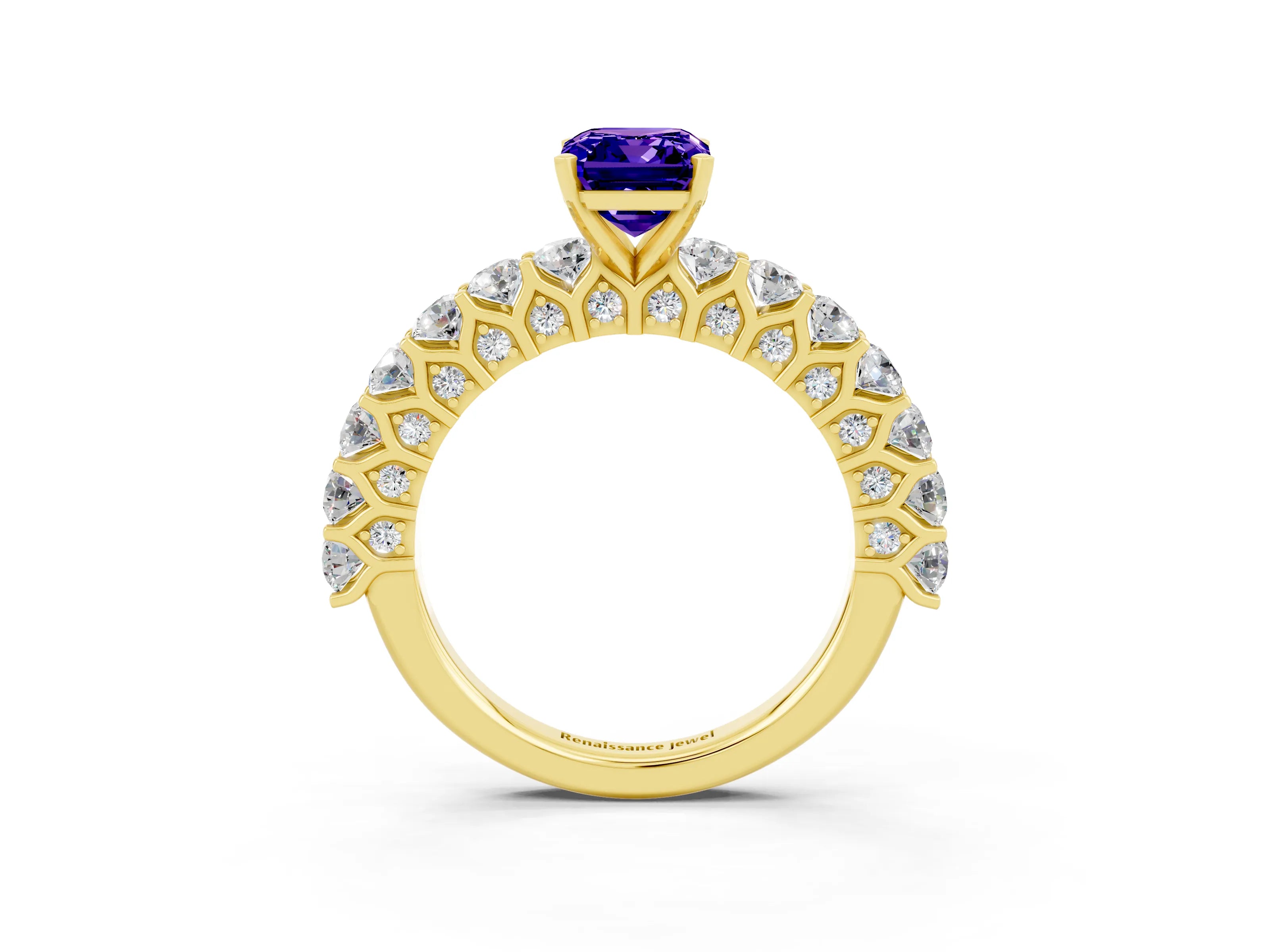 Yellow gold Emerald Cut Tanzanite Solitaire Ring with Shared Prong Pavé Band and Four-Prong Setting_3