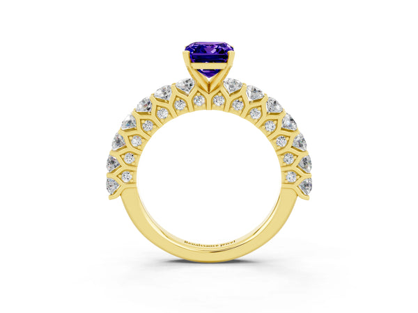 Yellow gold Emerald Cut Tanzanite Solitaire Ring with Shared Prong Pavé Band and Four-Prong Setting