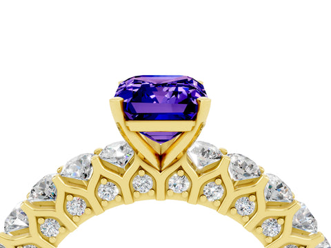Yellow gold Emerald Cut Tanzanite Solitaire Ring with Shared Prong Pavé Band and Four-Prong Setting_4