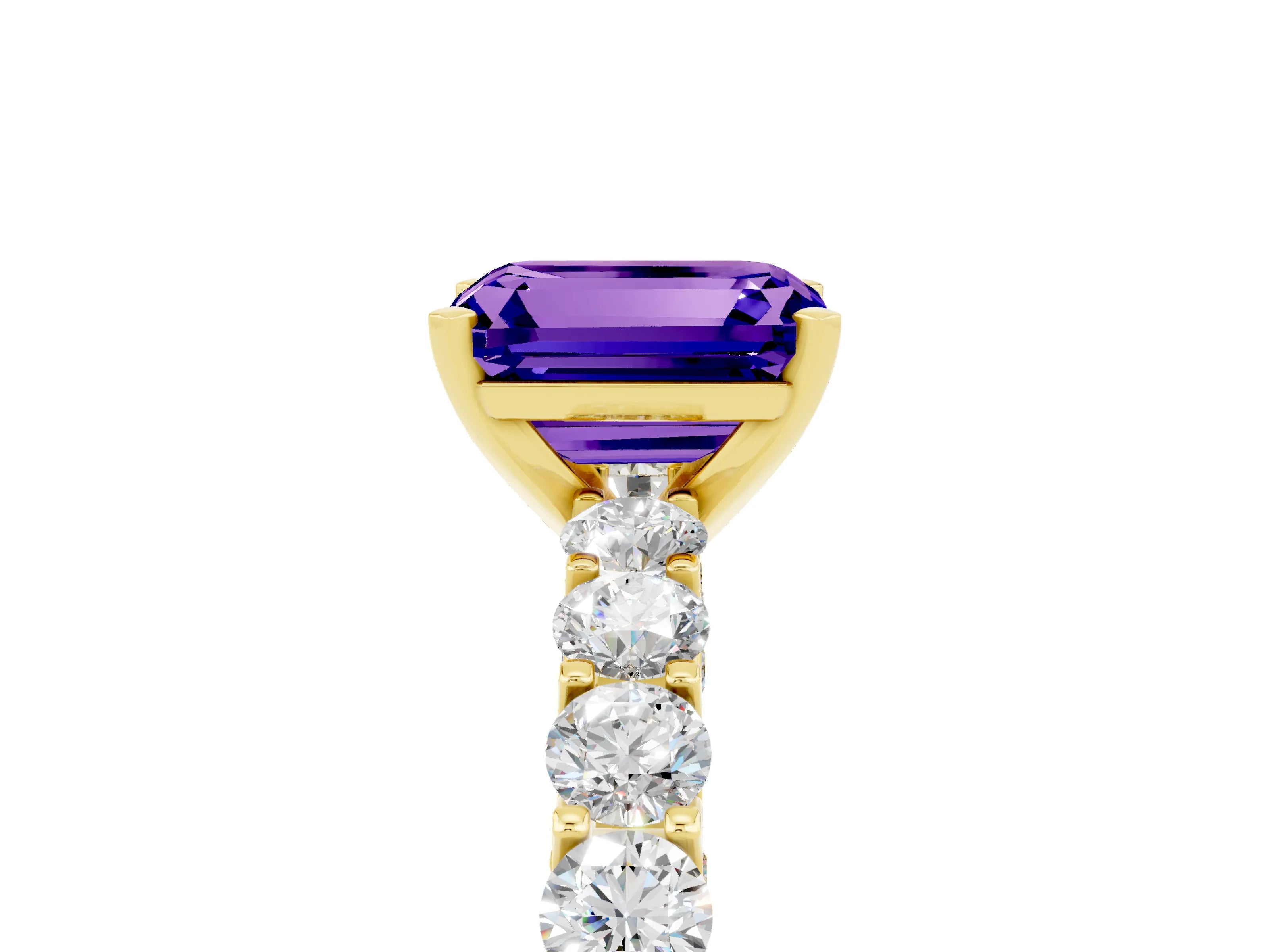 Yellow gold Emerald Cut Tanzanite Solitaire Ring with Shared Prong Pavé Band and Four-Prong Setting_5