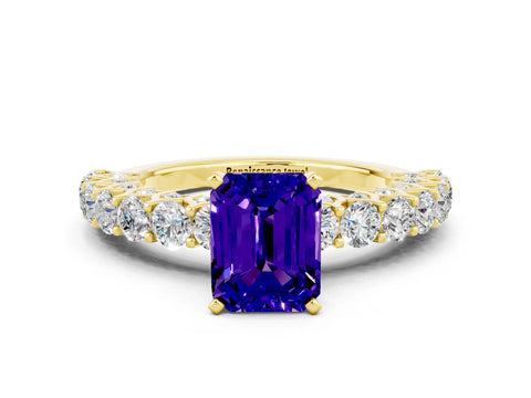 Yellow gold Emerald Cut Tanzanite Solitaire Ring with Shared Prong Pavé Band and Four-Prong Setting