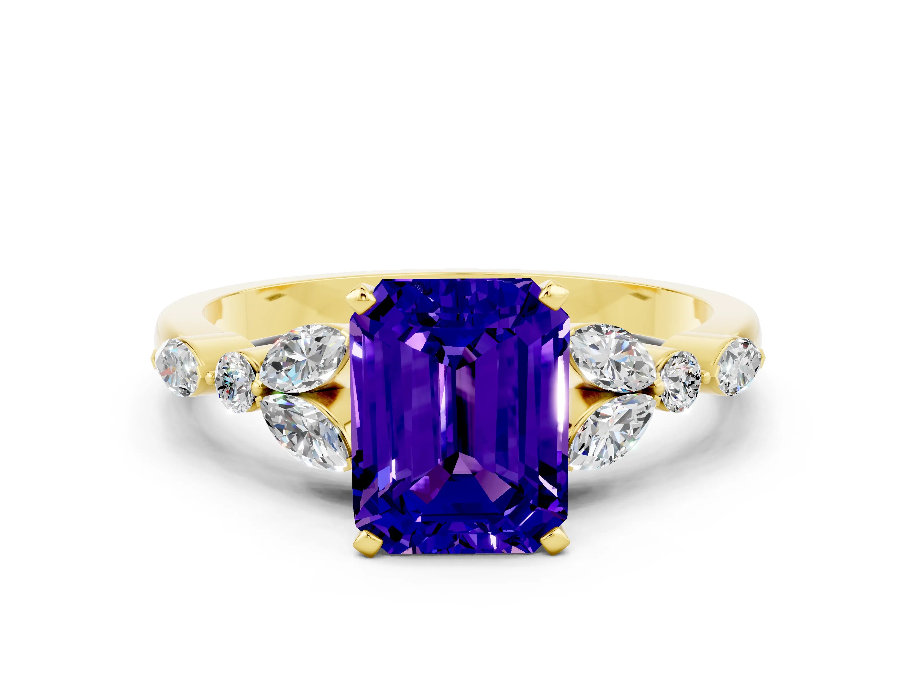 Yellow gold Emerald Cut Tanzanite Solitaire Ring with Side Stones and Four-Prong Setting_12