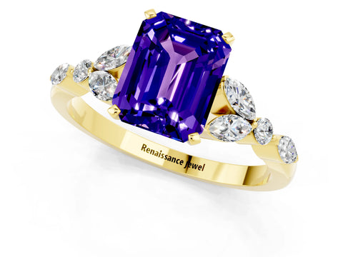 Yellow gold Emerald Cut Tanzanite Solitaire Ring with Side Stones and Four-Prong Setting_13