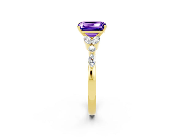 Yellow gold Emerald Cut Tanzanite Solitaire Ring with Side Stones and Four-Prong Setting