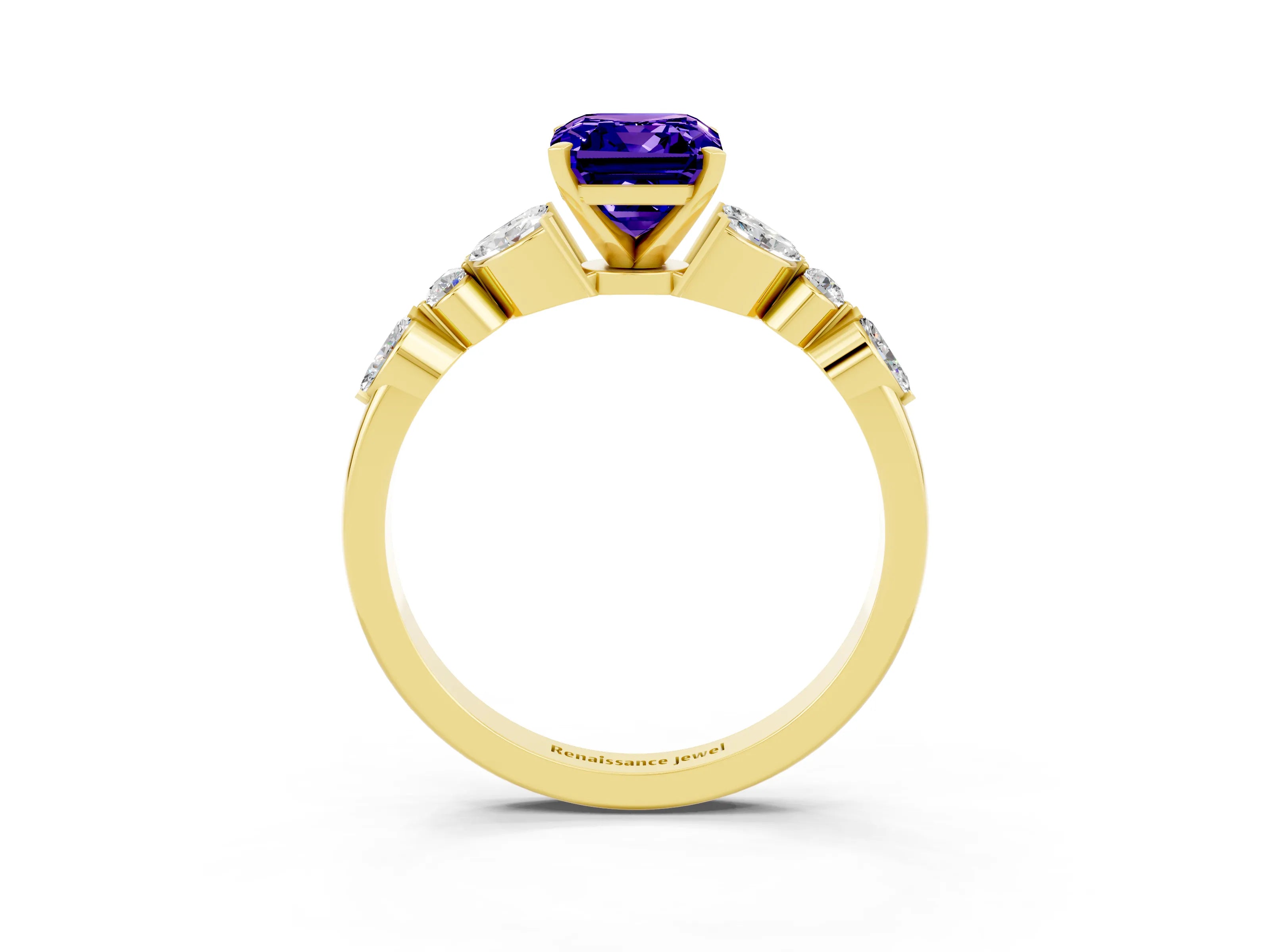 Yellow gold Emerald Cut Tanzanite Solitaire Ring with Side Stones and Four-Prong Setting_15