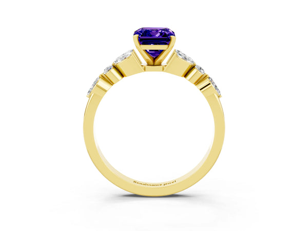 Yellow gold Emerald Cut Tanzanite Solitaire Ring with Side Stones and Four-Prong Setting