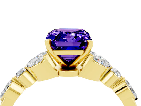 Yellow gold Emerald Cut Tanzanite Solitaire Ring with Side Stones and Four-Prong Setting_16