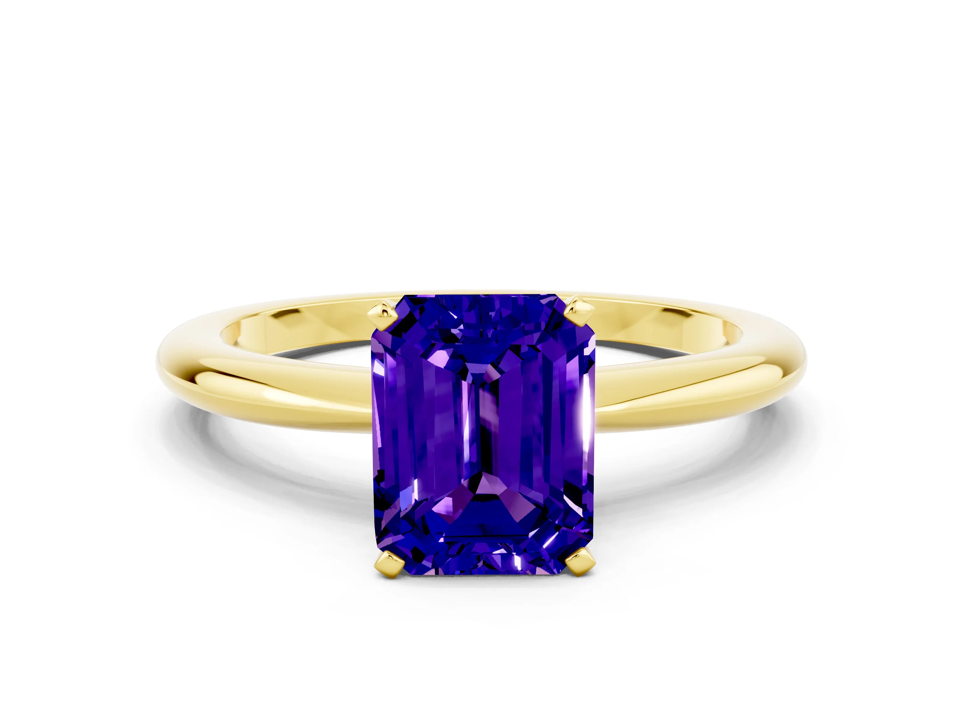 Yellow gold Emerald Cut Tanzanite Solitaire Ring with Six-Prong Setting and Classic Band