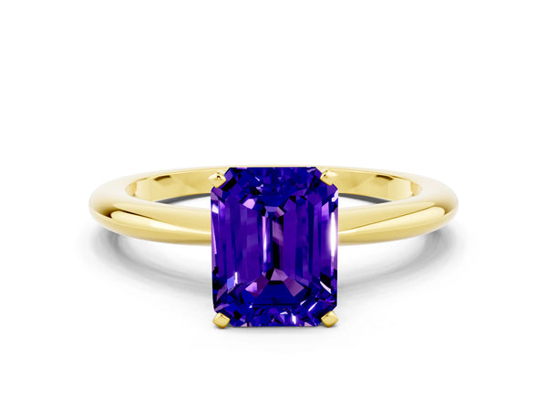 Yellow gold Emerald Cut Tanzanite Solitaire Ring with Six-Prong Setting and Classic Band