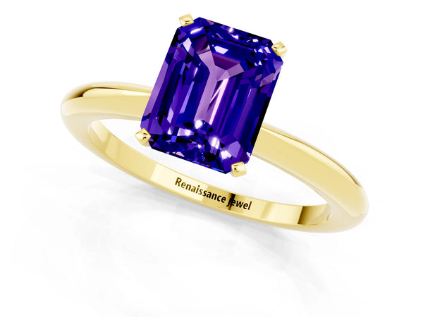 Yellow gold Emerald Cut Tanzanite Solitaire Ring with Six-Prong Setting and Classic Band