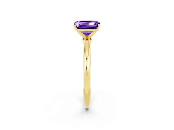 Yellow gold Emerald Cut Tanzanite Solitaire Ring with Six-Prong Setting and Classic Band