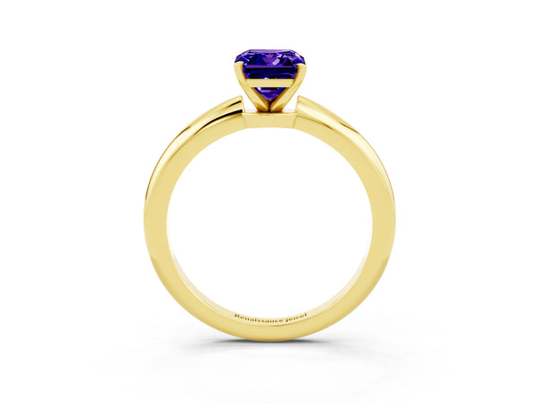 Yellow gold Emerald Cut Tanzanite Solitaire Ring with Six-Prong Setting and Classic Band