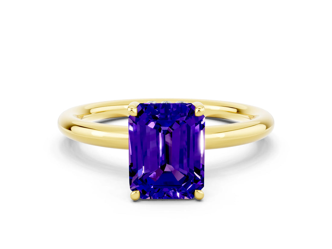 Yellow gold Emerald Cut Tanzanite Solitaire Ring with Thin Band and Four-Prong Setting_12