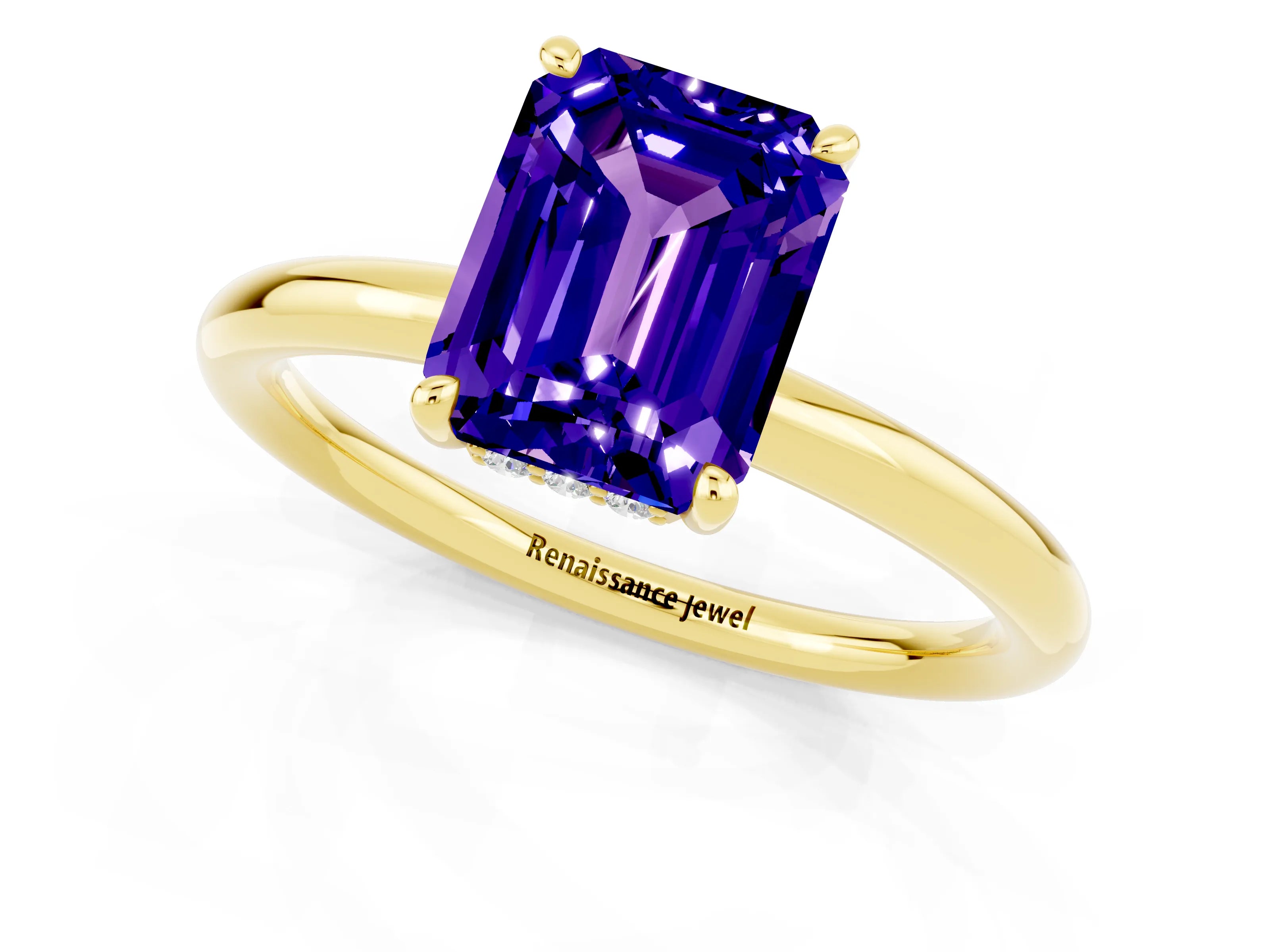 Yellow gold Emerald Cut Tanzanite Solitaire Ring with Thin Band and Four-Prong Setting_13