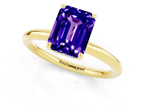 Yellow gold Emerald Cut Tanzanite Solitaire Ring with Thin Band and Four-Prong Setting_13