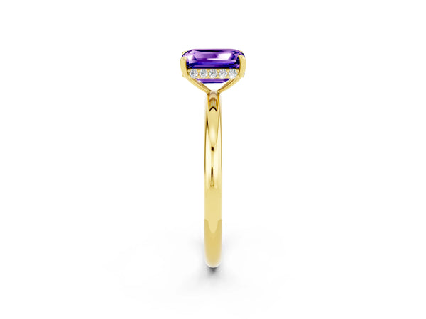 Yellow gold Emerald Cut Tanzanite Solitaire Ring with Thin Band and Four-Prong Setting