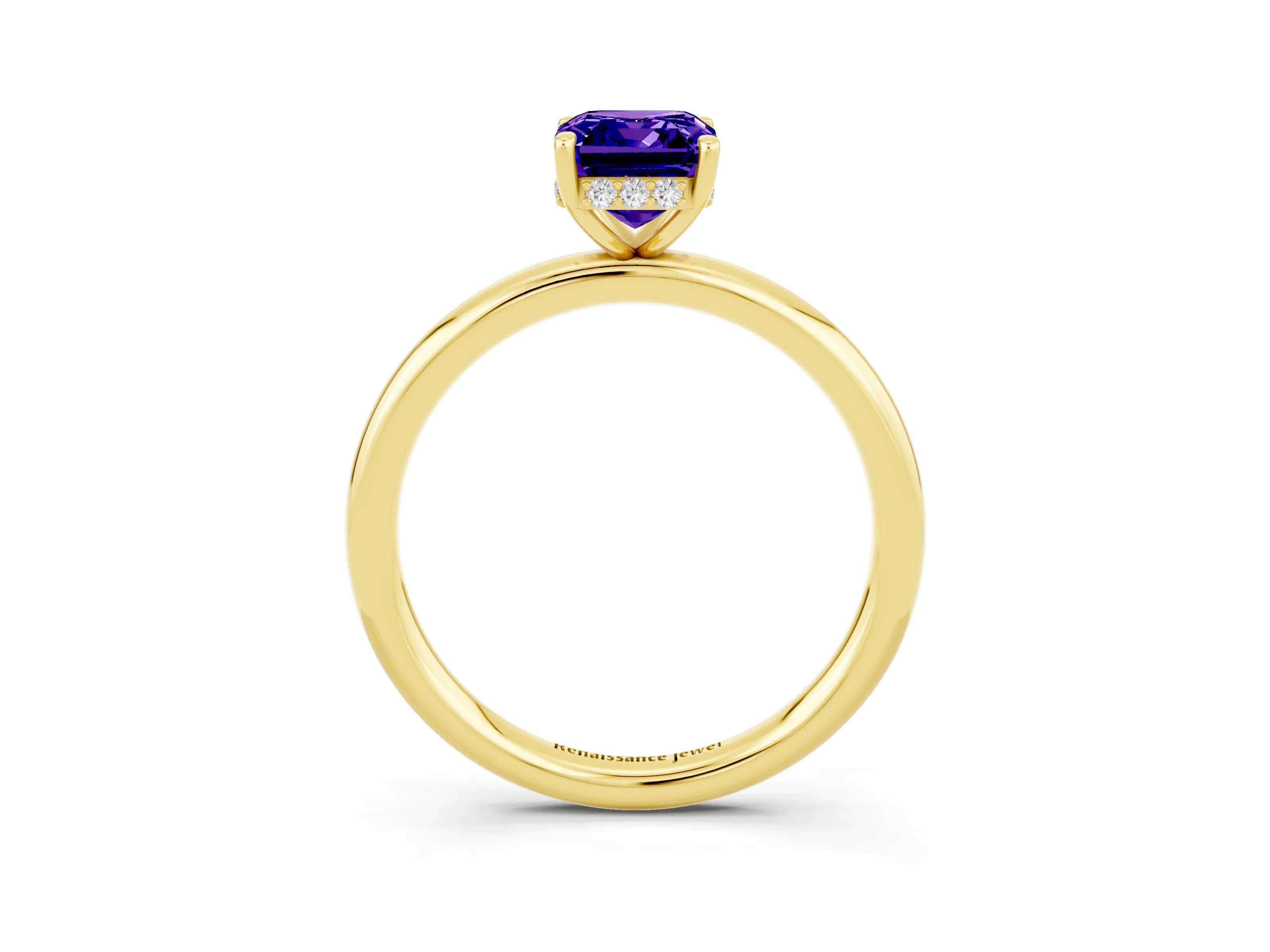 Yellow gold Emerald Cut Tanzanite Solitaire Ring with Thin Band and Four-Prong Setting_15