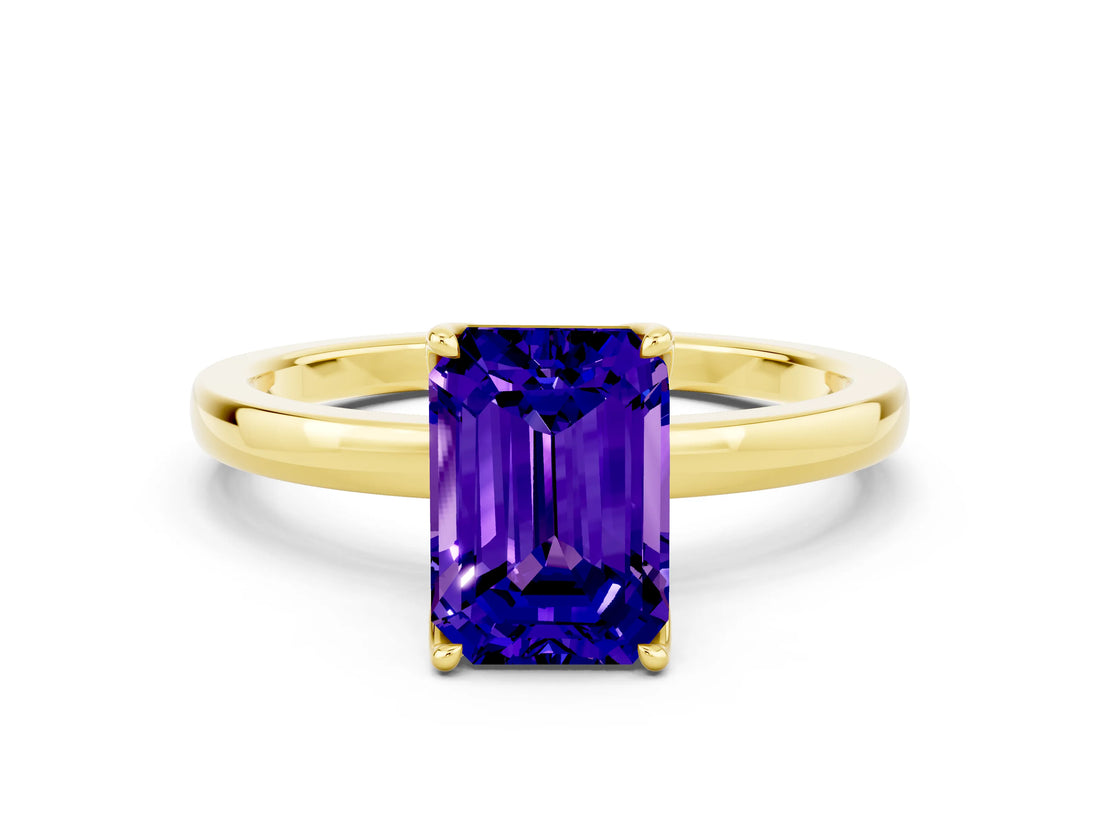 Yellow gold Emerald Cut Tanzanite Solitaire Ring with Thin Band and Prong Setting_12