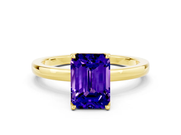 Yellow gold Emerald Cut Tanzanite Solitaire Ring with Thin Band and Prong Setting