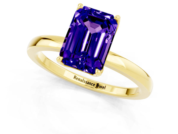 Yellow gold Emerald Cut Tanzanite Solitaire Ring with Thin Band and Prong Setting
