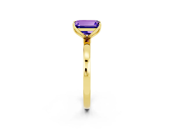 Yellow gold Emerald Cut Tanzanite Solitaire Ring with Thin Band and Prong Setting