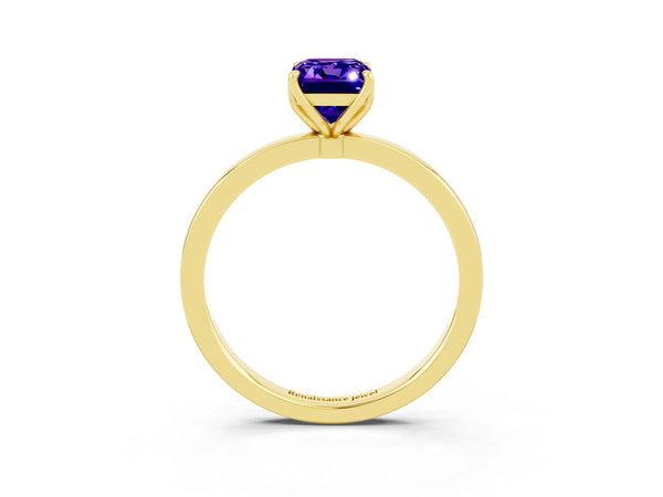 Yellow gold Emerald Cut Tanzanite Solitaire Ring with Thin Band and Prong Setting