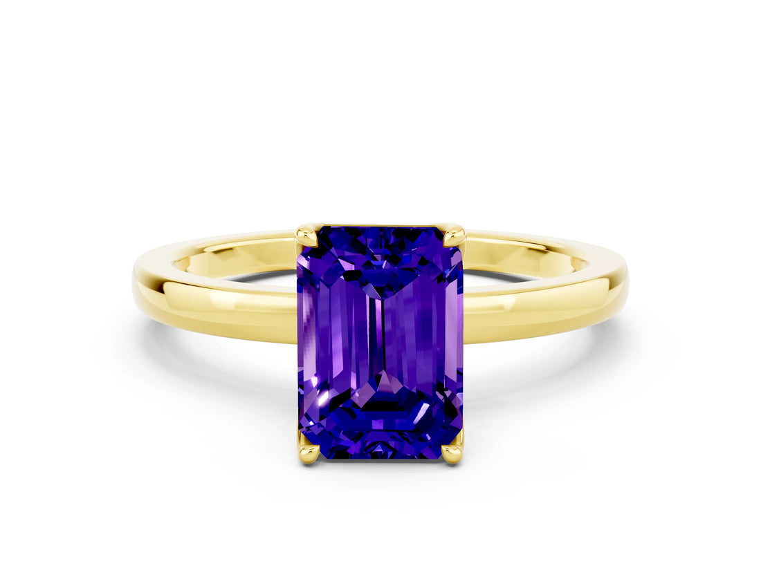 Yellow gold Emerald Cut Tanzanite Solitaire Ring with Thin Band and Prong Setting_24