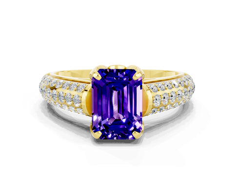 Yellow gold Emerald Cut Tanzanite Solitaire Ring with Three-Row Pavé Band and Four-Prong Setting_12