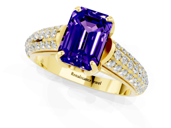 Yellow gold Emerald Cut Tanzanite Solitaire Ring with Three-Row Pavé Band and Four-Prong Setting