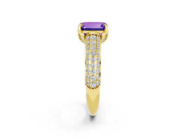 Yellow gold Emerald Cut Tanzanite Solitaire Ring with Three-Row Pavé Band and Four-Prong Setting