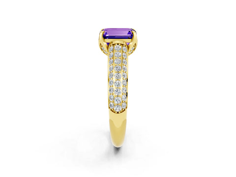 Yellow gold Emerald Cut Tanzanite Solitaire Ring with Three-Row Pavé Band and Four-Prong Setting_14