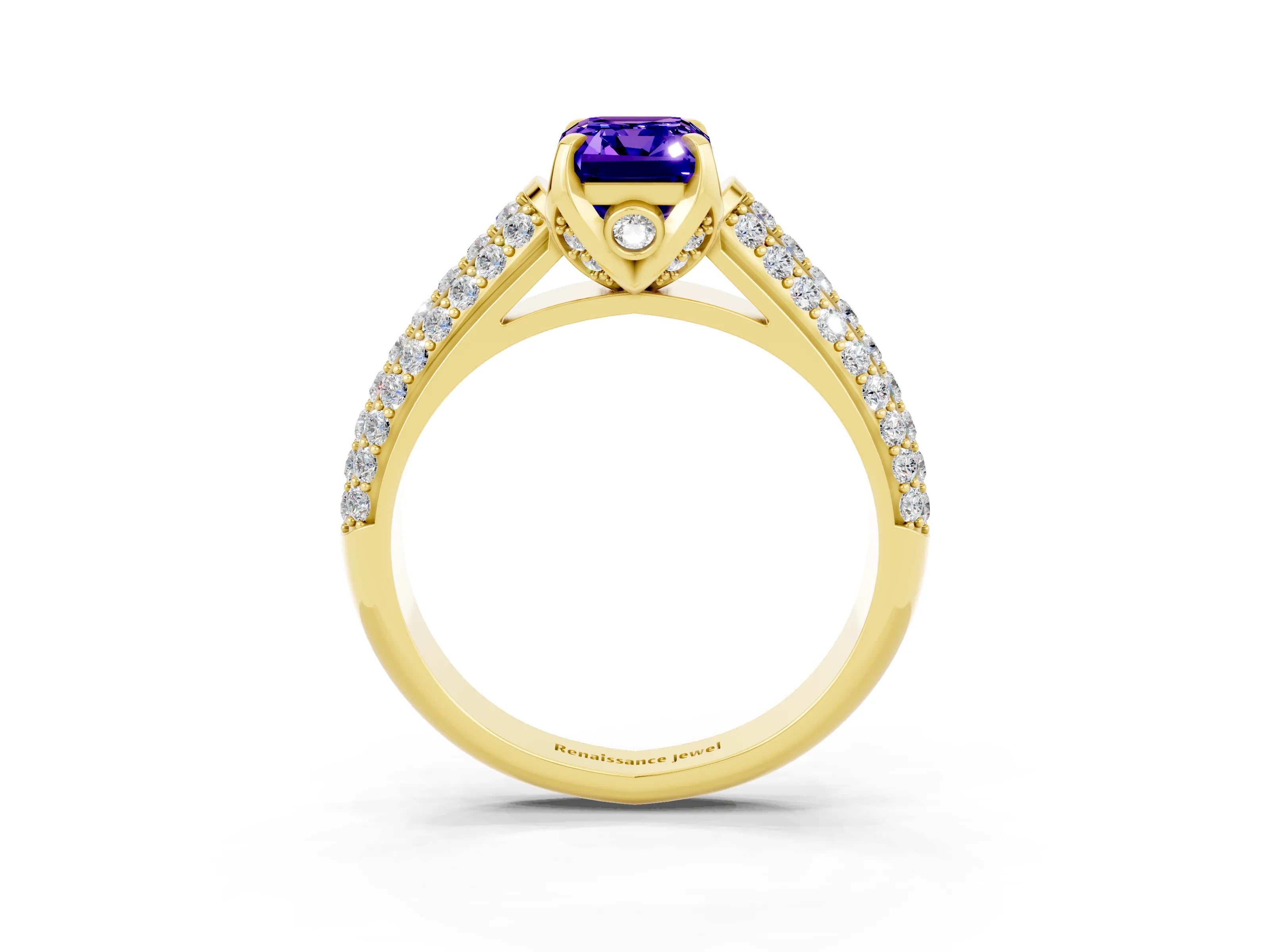 Yellow gold Emerald Cut Tanzanite Solitaire Ring with Three-Row Pavé Band and Four-Prong Setting_15