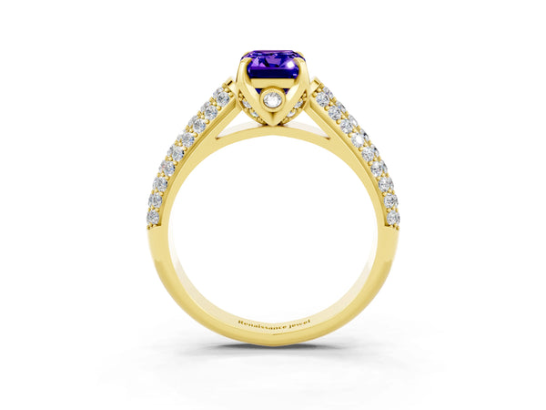 Yellow gold Emerald Cut Tanzanite Solitaire Ring with Three-Row Pavé Band and Four-Prong Setting