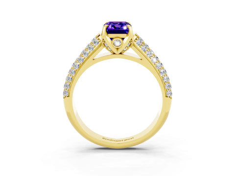 Yellow gold Emerald Cut Tanzanite Solitaire Ring with Three-Row Pavé Band and Four-Prong Setting_15