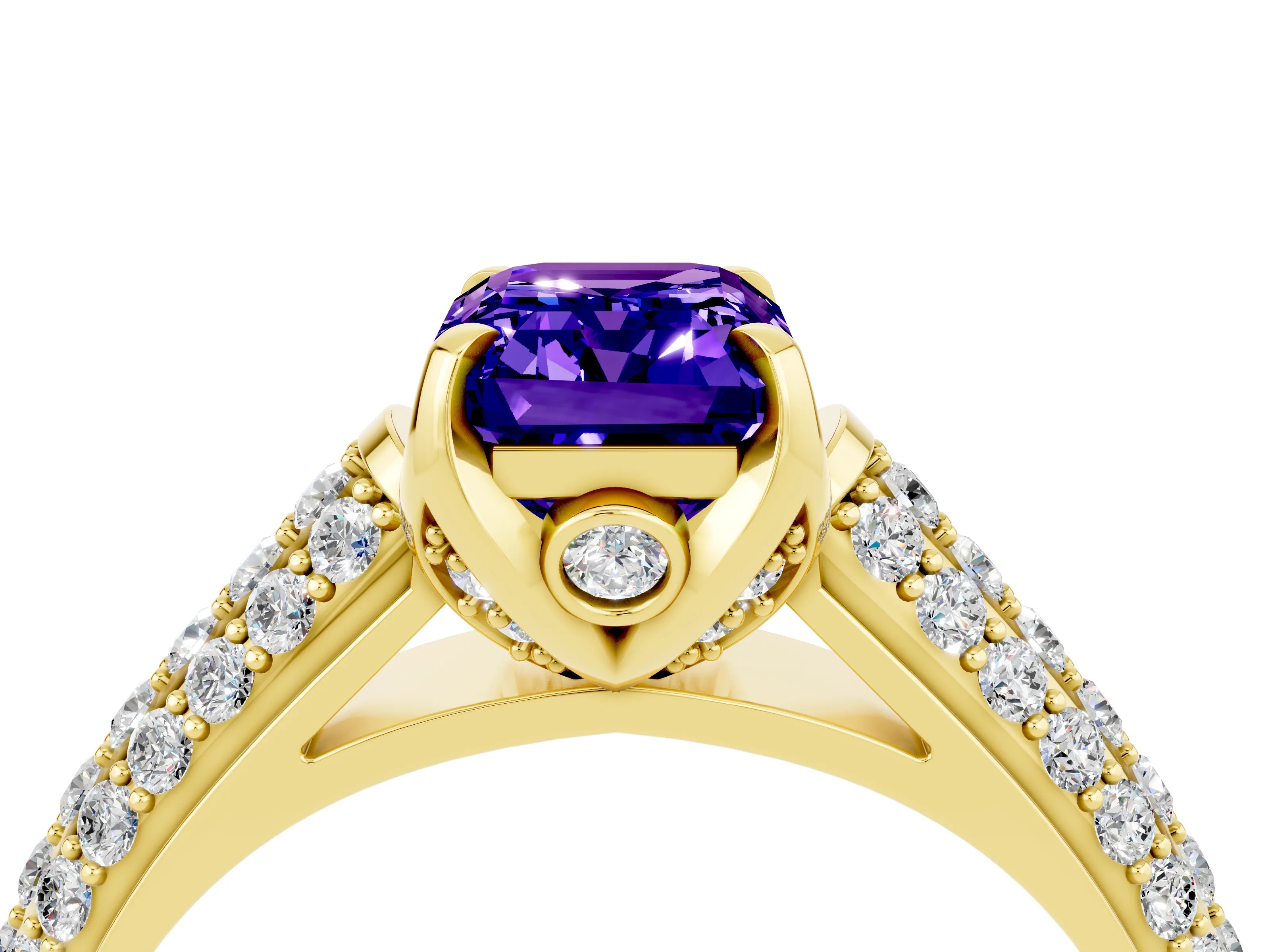 Yellow gold Emerald Cut Tanzanite Solitaire Ring with Three-Row Pavé Band and Four-Prong Setting_16