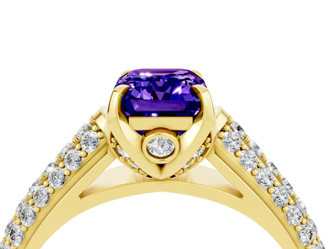Yellow gold Emerald Cut Tanzanite Solitaire Ring with Three-Row Pavé Band and Four-Prong Setting_16