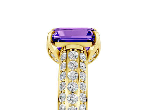 Yellow gold Emerald Cut Tanzanite Solitaire Ring with Three-Row Pavé Band and Four-Prong Setting_17