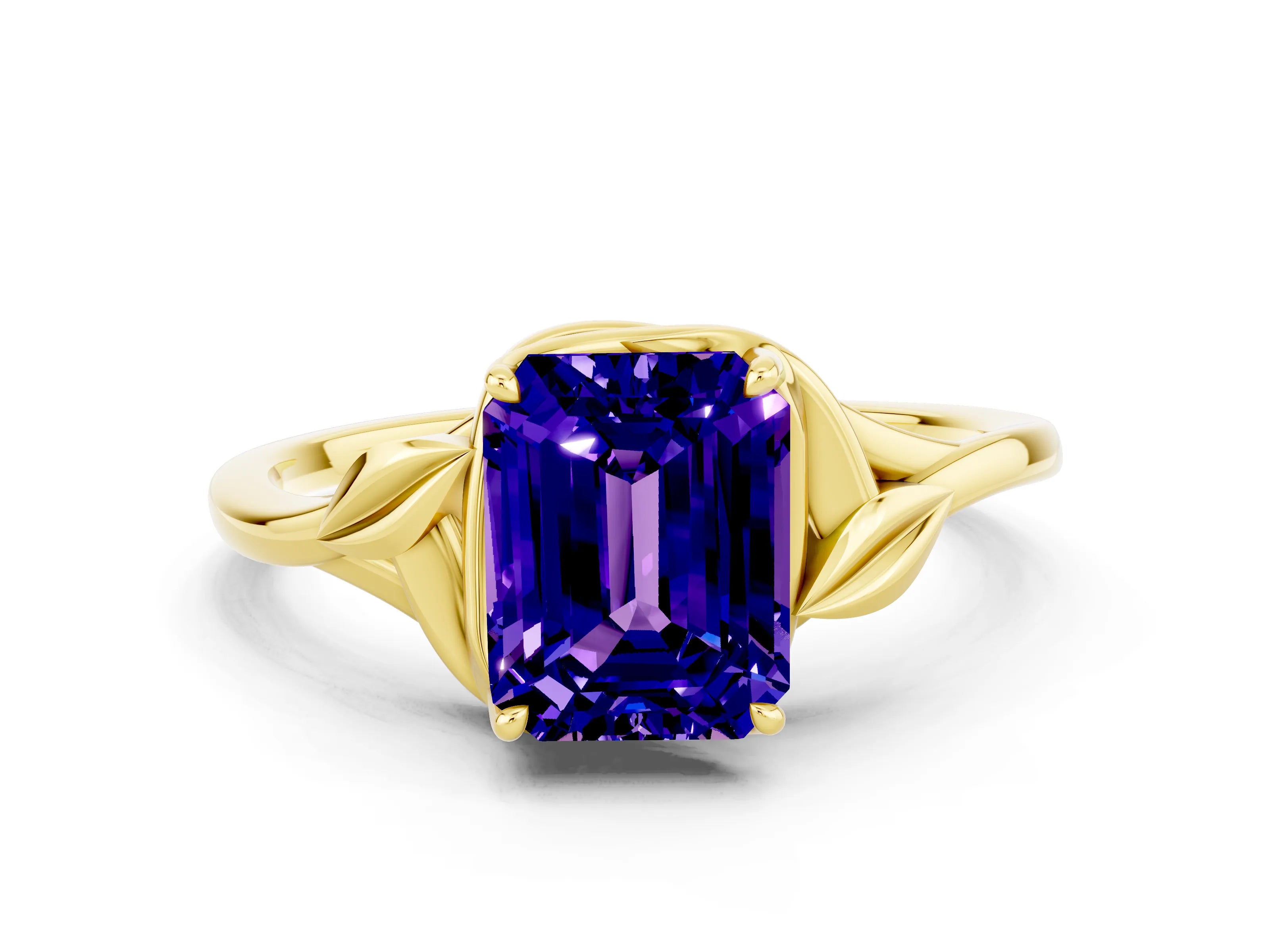 Yellow gold Emerald Cut Tanzanite Solitaire Ring with Twist Band and Four-Prong Setting_24