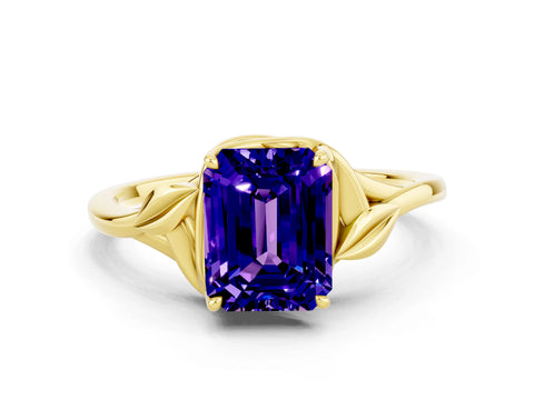 Yellow gold Emerald Cut Tanzanite Solitaire Ring with Twist Band and Four-Prong Setting_24