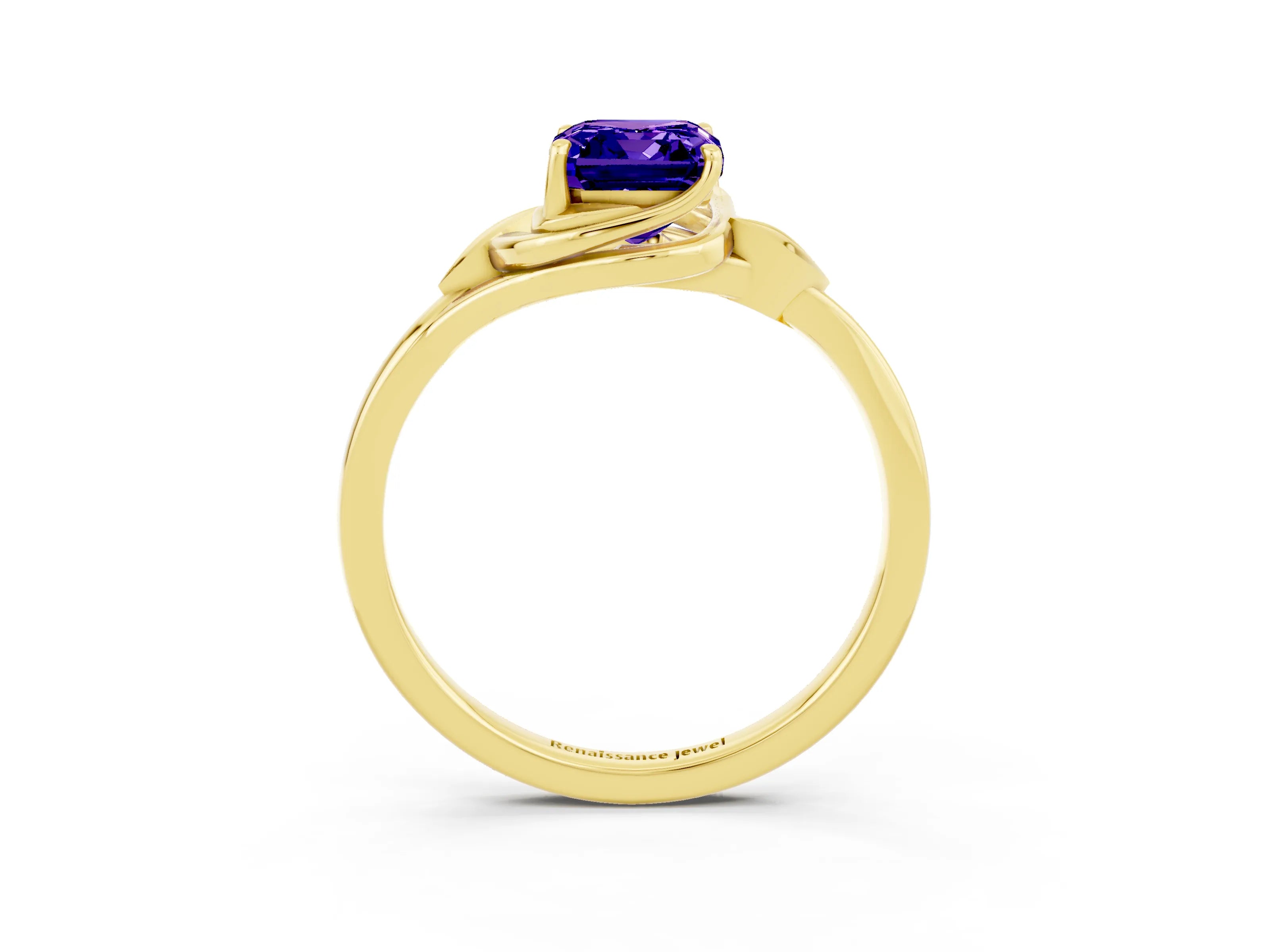 Yellow gold Emerald Cut Tanzanite Solitaire Ring with Twist Band and Four-Prong Setting_27