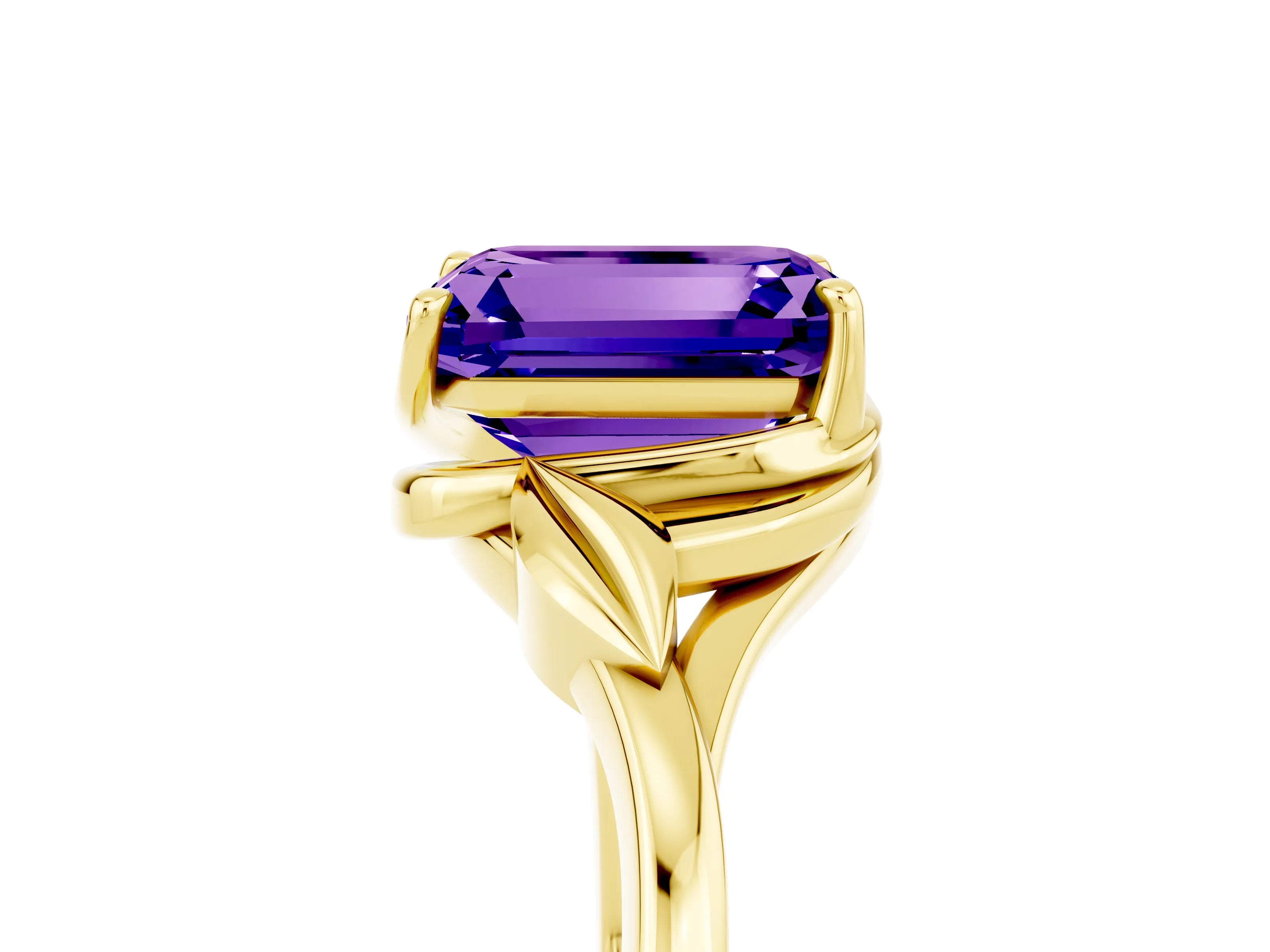 Yellow gold Emerald Cut Tanzanite Solitaire Ring with Twist Band and Four-Prong Setting_29