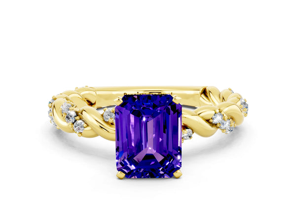 Yellow gold Emerald Cut Tanzanite Solitaire Ring with Twisted Band and Pavé Accents