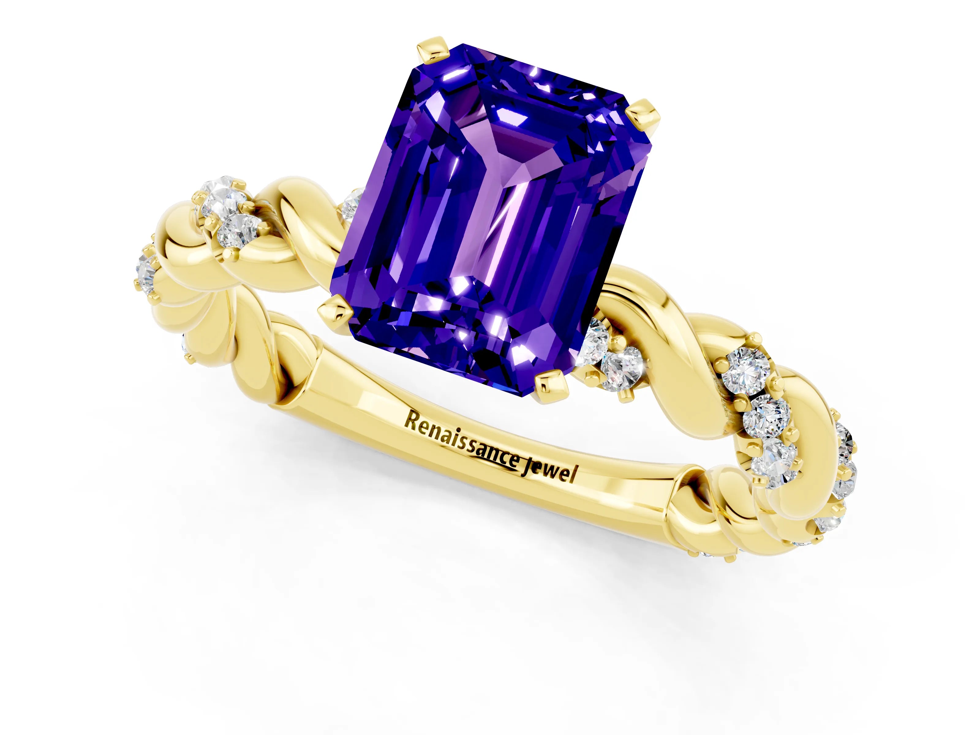 Yellow gold Emerald Cut Tanzanite Solitaire Ring with Twisted Band and Pavé Accents_1