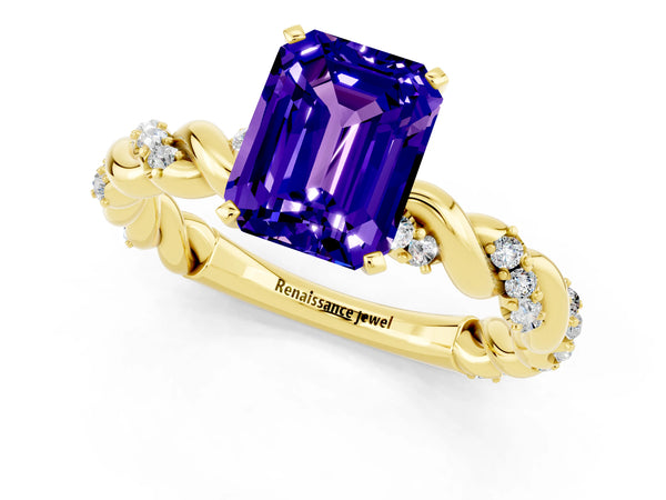 Yellow gold Emerald Cut Tanzanite Solitaire Ring with Twisted Band and Pavé Accents
