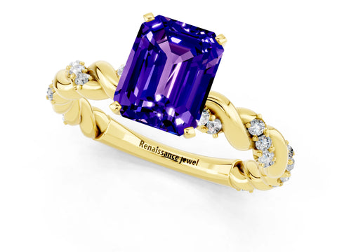 Yellow gold Emerald Cut Tanzanite Solitaire Ring with Twisted Band and Pavé Accents_1