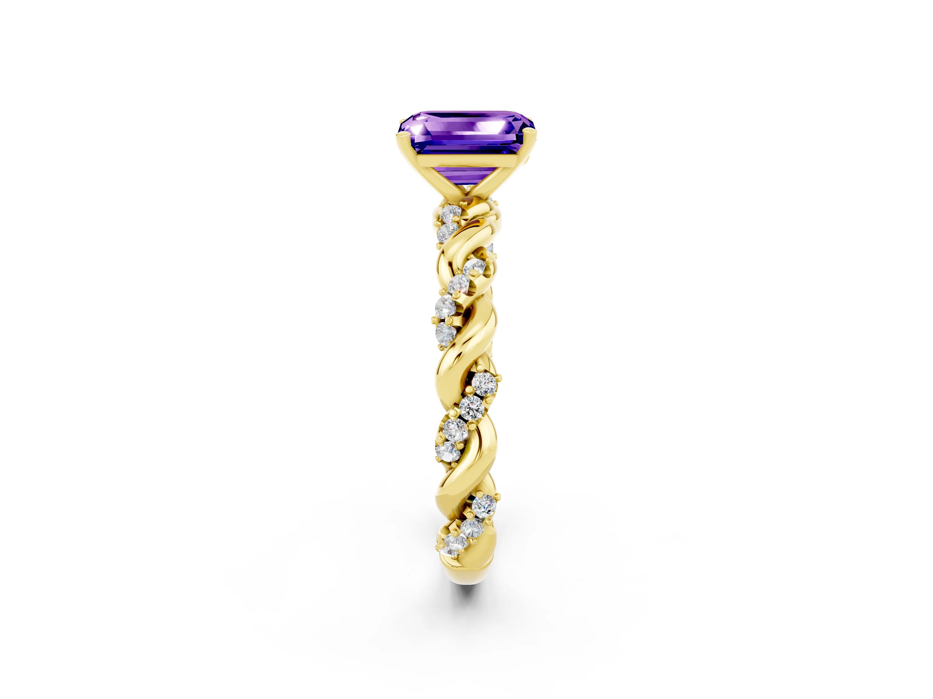Yellow gold Emerald Cut Tanzanite Solitaire Ring with Twisted Band and Pavé Accents_2