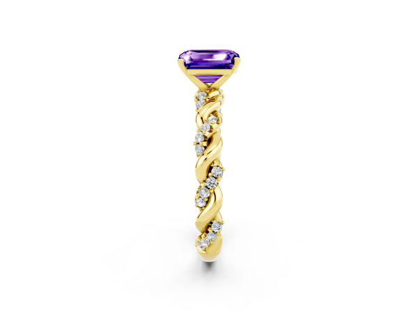 Yellow gold Emerald Cut Tanzanite Solitaire Ring with Twisted Band and Pavé Accents
