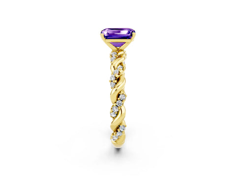 Yellow gold Emerald Cut Tanzanite Solitaire Ring with Twisted Band and Pavé Accents_2