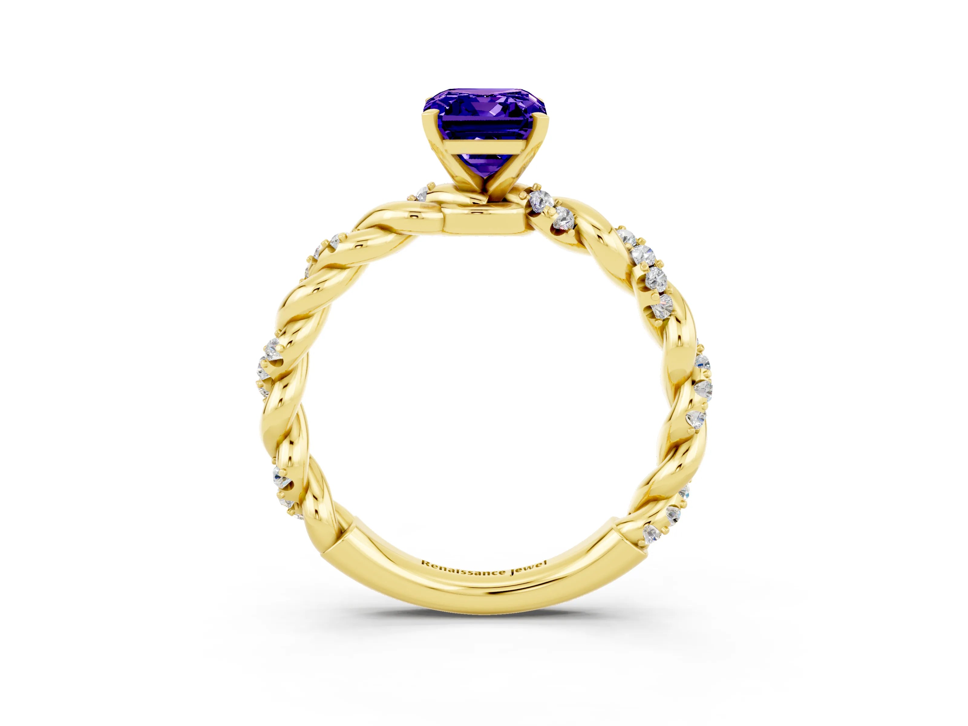 Yellow gold Emerald Cut Tanzanite Solitaire Ring with Twisted Band and Pavé Accents_3